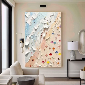 White Beige Blue 3D Texture Wave Art Deco, Minimalist 3D Art, Minimalist White Painting, Beige Modern Abstract Art, Blue Texture Painting