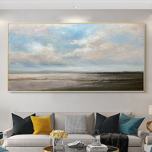Large Original Wall Art Abstract Cloud Painting Sky Wall Art Grey White Painting Blue Painting On Canvas wall Painting For Living Room，gift