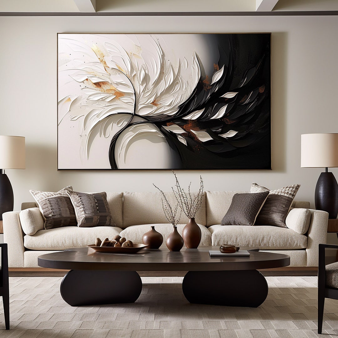 Black and White 3D Textured Oil Painting: Modern Abstract Mural - Etsy