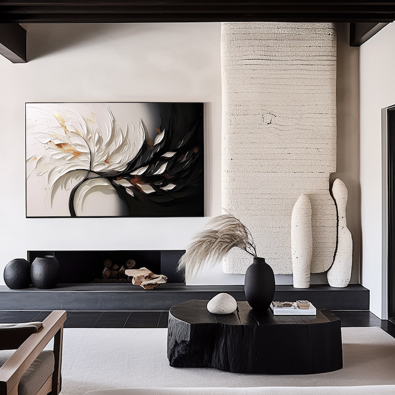 Black and White 3D Textured Oil Painting: Modern Abstract Mural - Etsy
