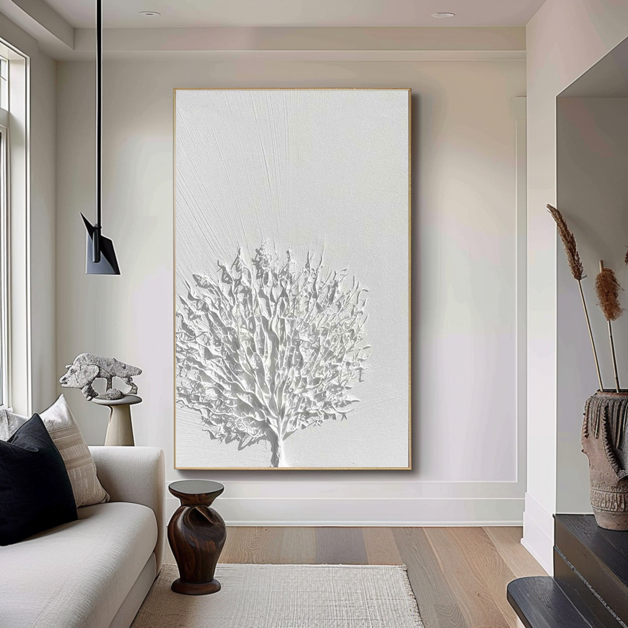 Modern Minimalist White 3D Textured Art - Framed Large Painting