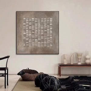 May include: A square abstract painting with a grid pattern of white and gray rectangles on a brown background.