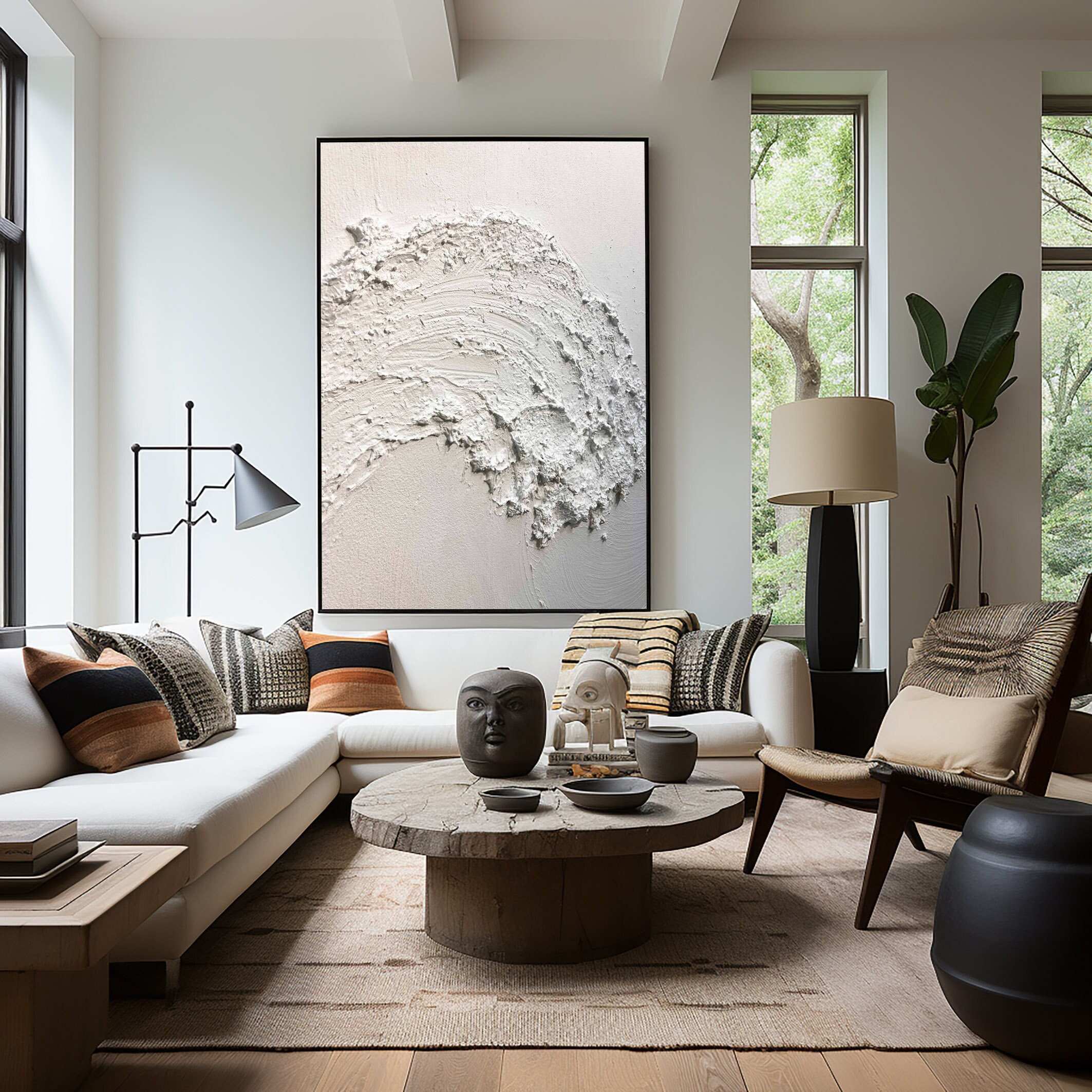 Large 3D Textured Black and White Minimalist Art - Modern Framed Design