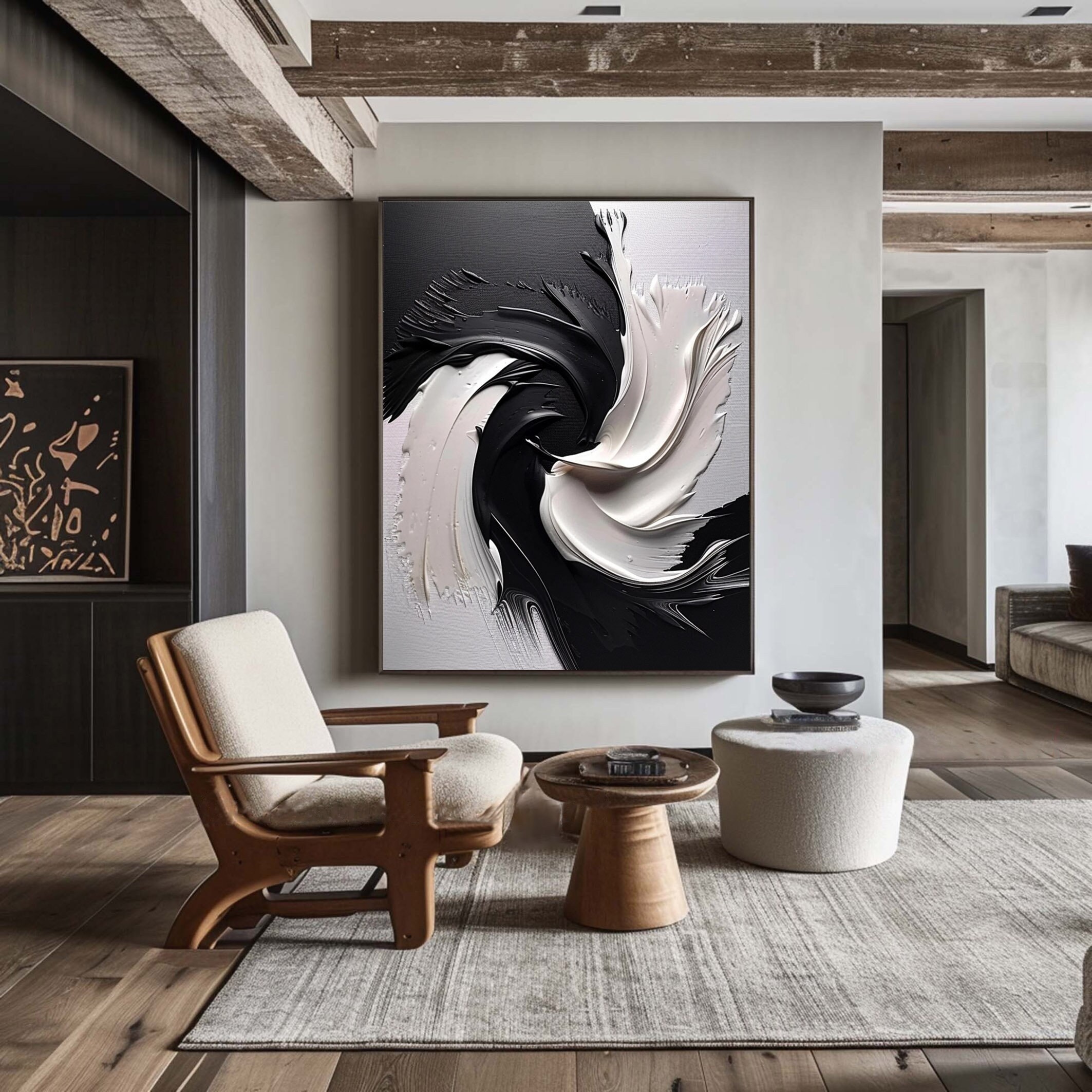 Large Black and White Minimalist 3D Texture Art - Modern Design