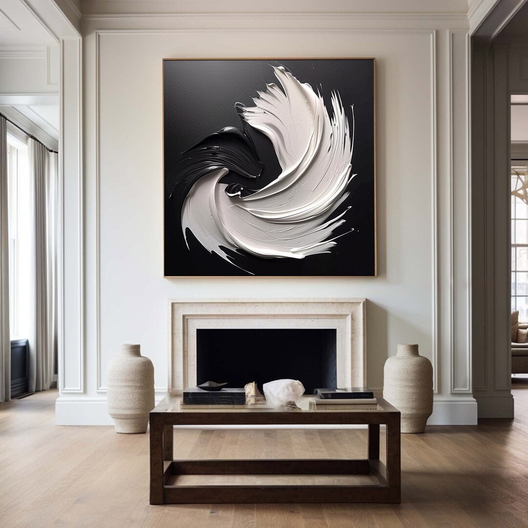 3D Texture Abstract Painting: Black and White Minimalist Wall Mural - Etsy