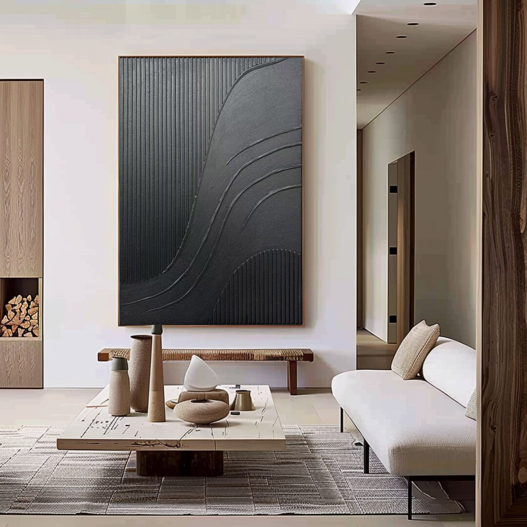 Large Black 3D Textured Abstract Painting: Minimalist Wall Art - Etsy