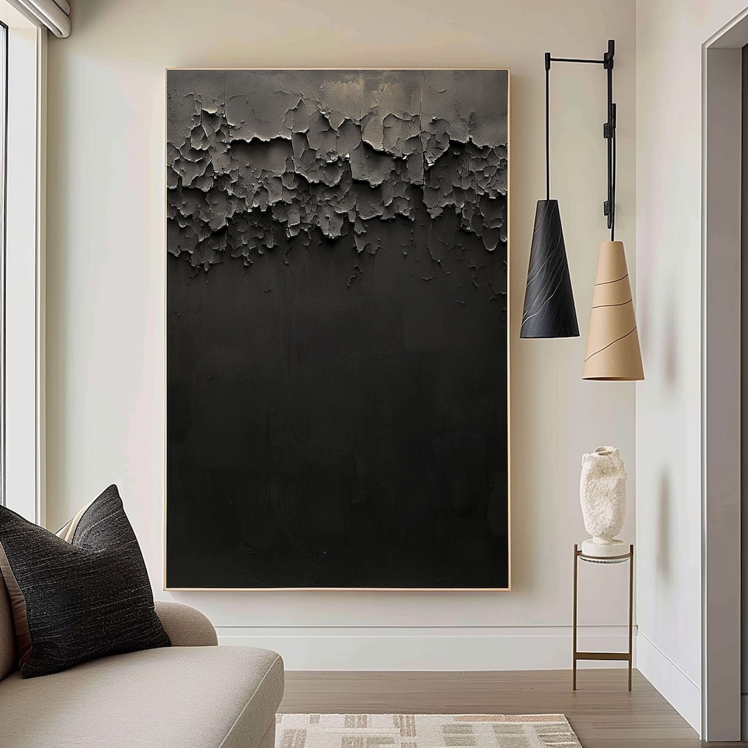 Large Black 3D Textured Oil Painting: Wabi-sabi Minimalist Art - Etsy