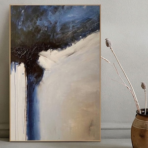 Large Beige & Blue Abstract Landscape Painting: Textured Scandinavian Art