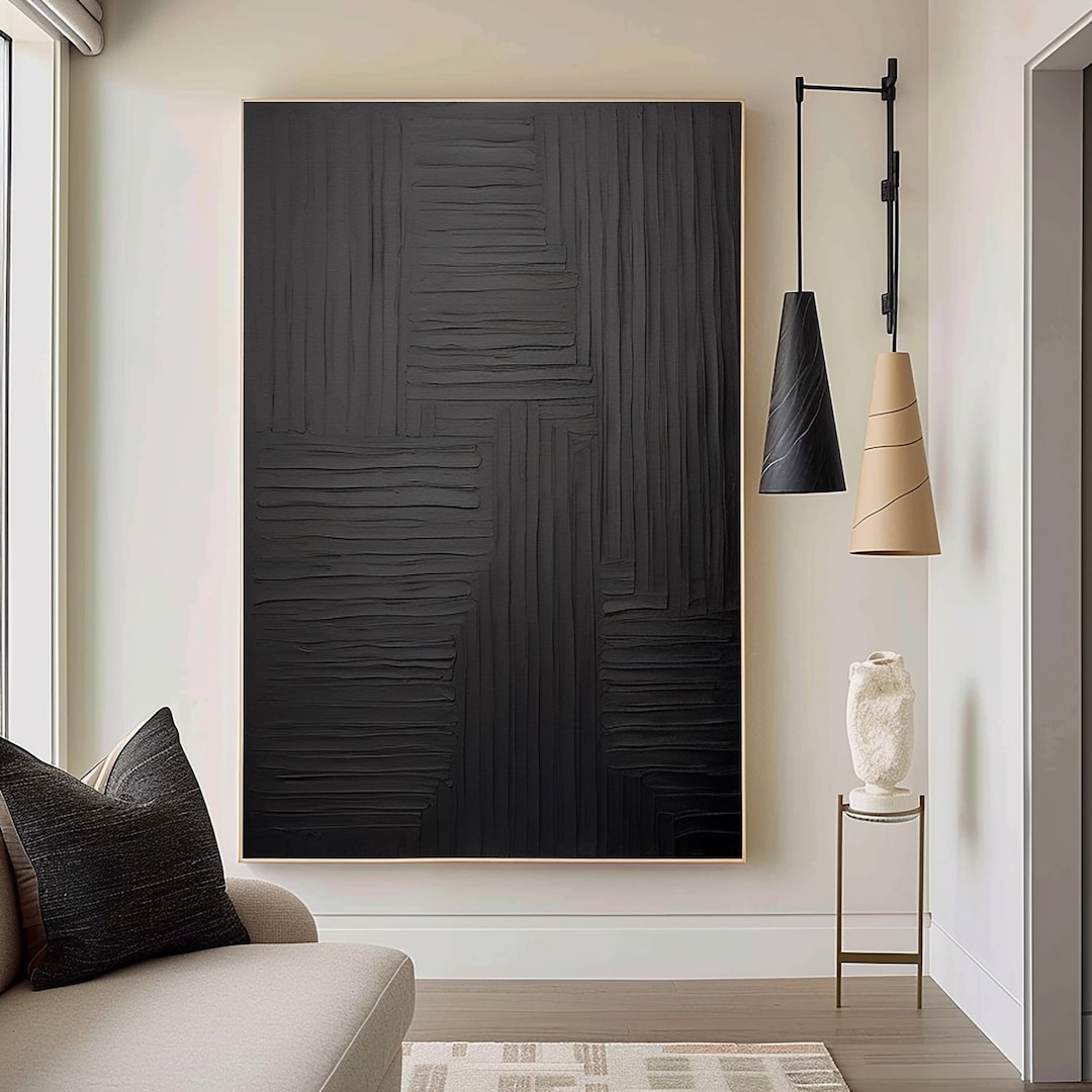 Pure Black Minimalist 3D Texture Mural,large Black Modern Abstract Art ...
