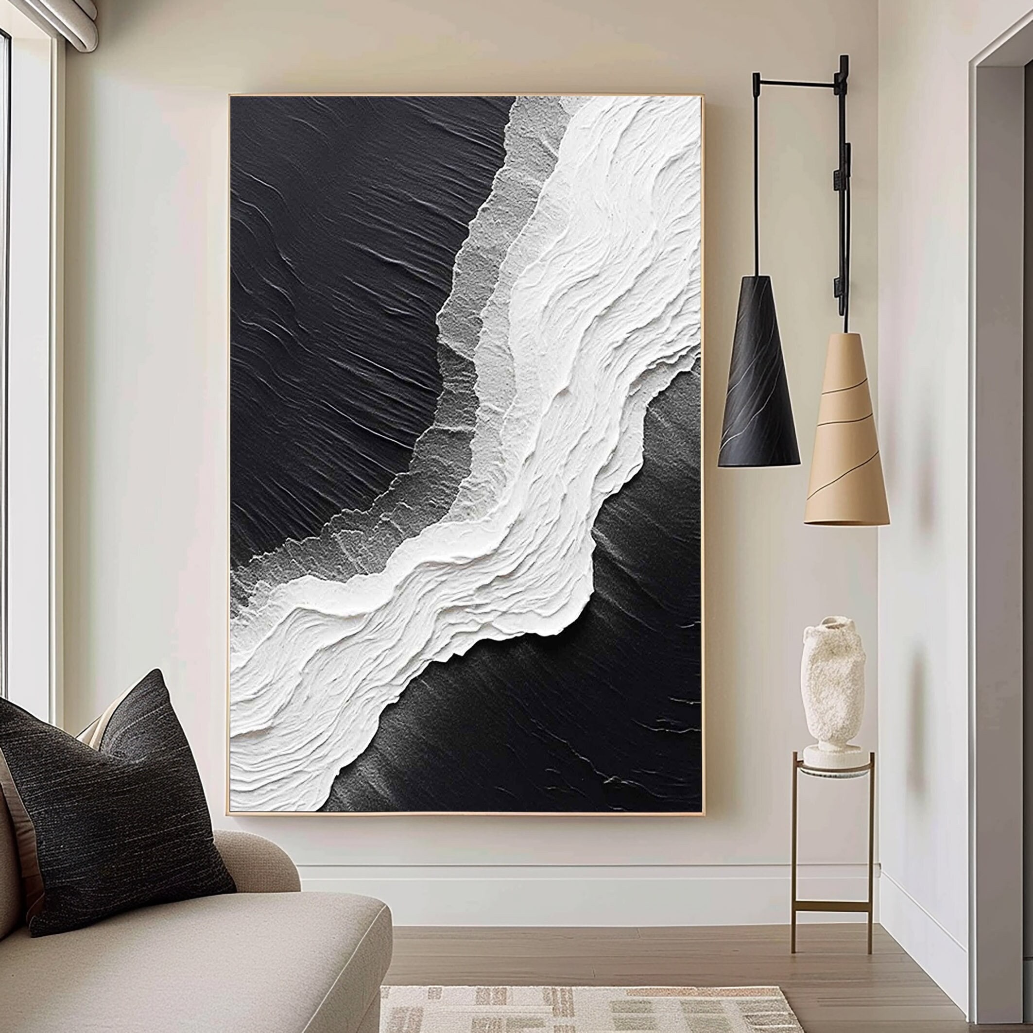 Framed Black and White Minimalist 3D Textured Art - Large Design
