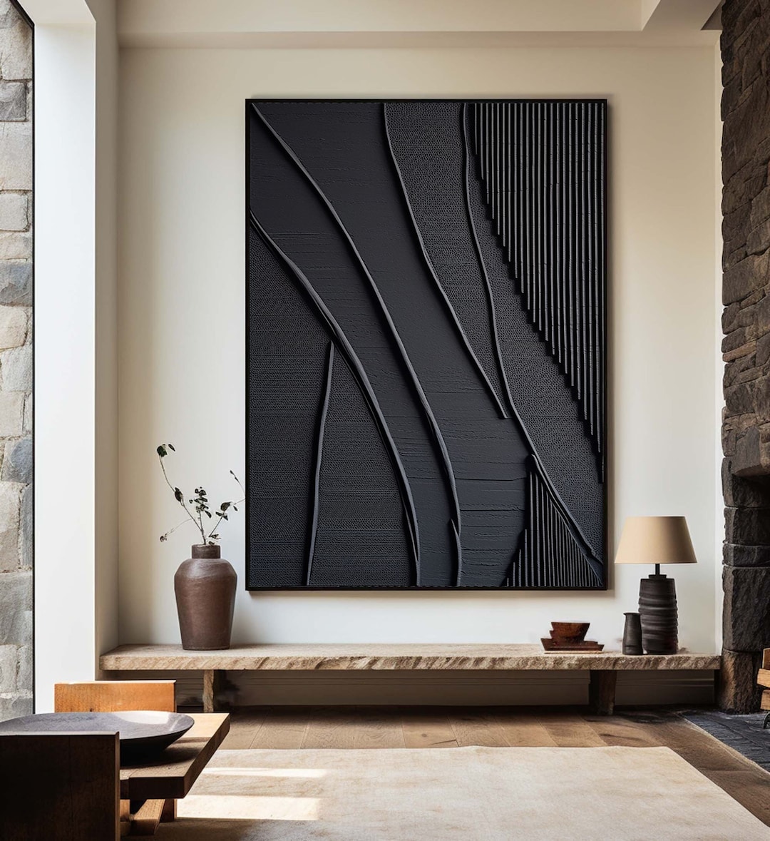 Large 3D Black Abstract Painting: Minimalist Modern Wall Decor - Etsy