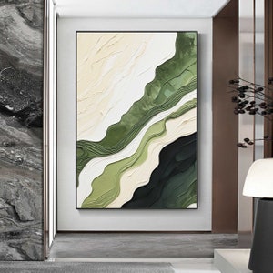 Green 3D Texture Painting Green Beige Modern Living Room Abstract