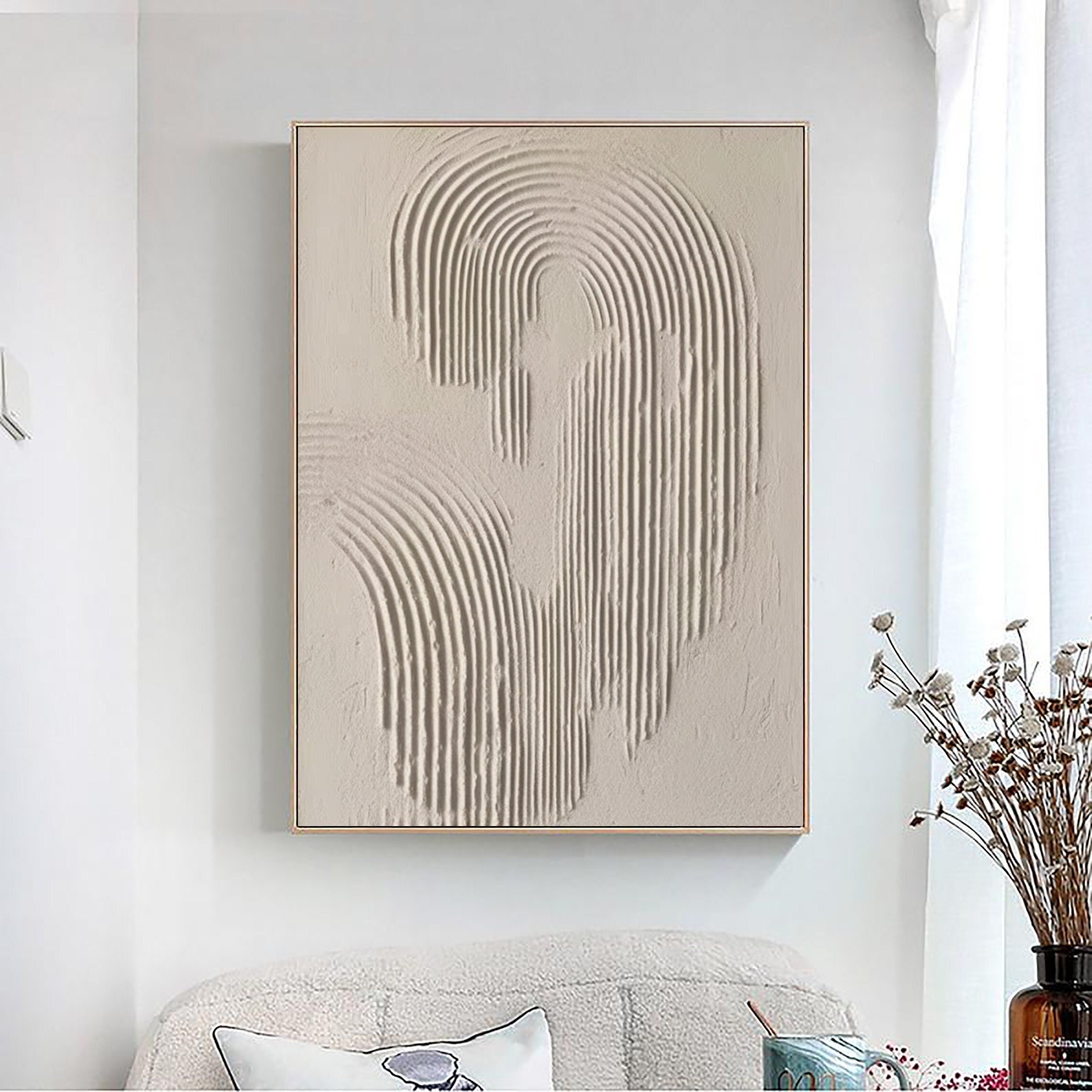 Large Beige 3D Texture Painting: Nordic Minimalist Wabi Sabi Art