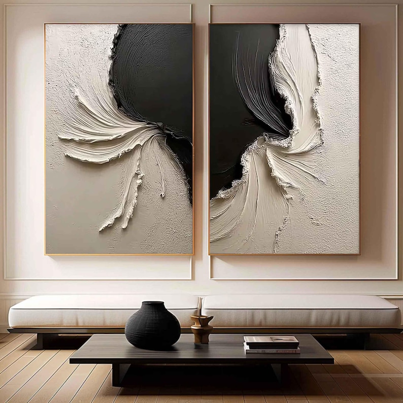 Large Abstract Texture Painting Set: Beige Black 3D Scandinavian Art - Etsy