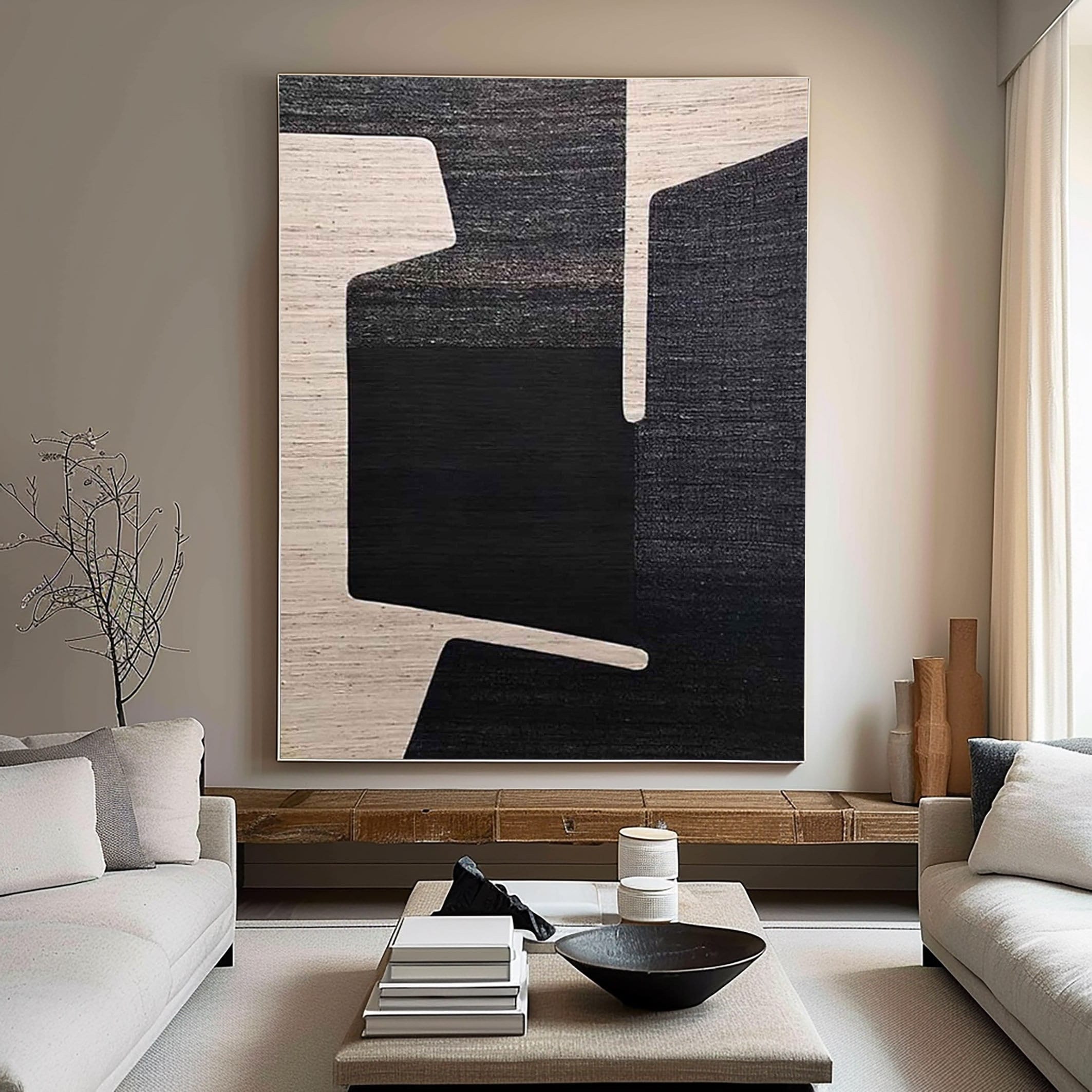Large Modern Black and White 3D Textured Art - Framed Minimalist Design