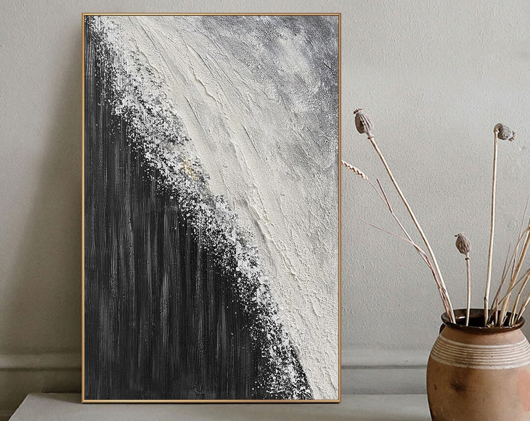 Large Nordic White Abstract Wall Black 3D Texture Painting Black ...