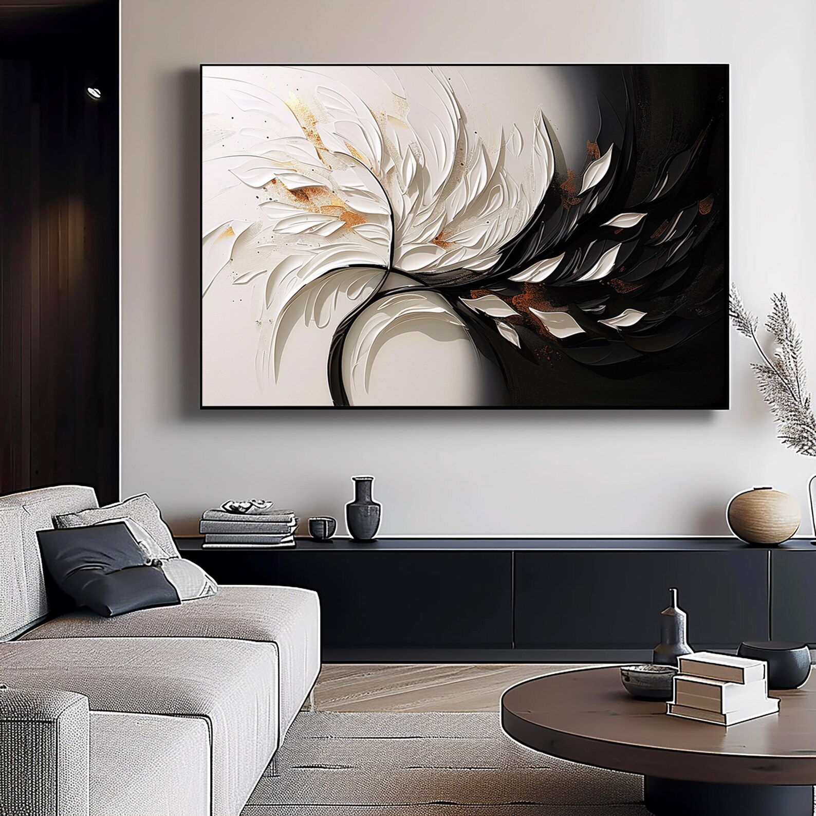 Black and White 3D Textured Oil Painting: Modern Abstract Mural - Etsy