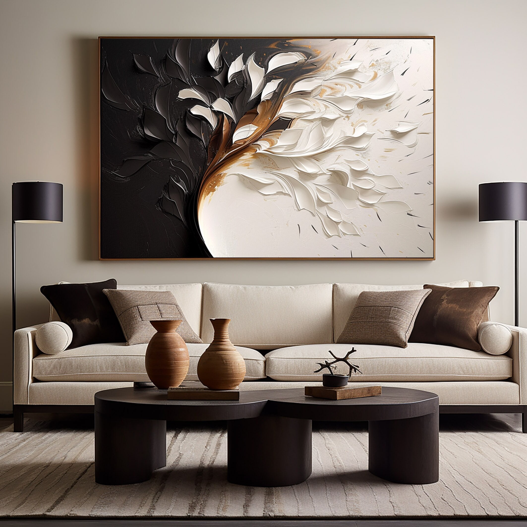 Black and white hand-painted 3D texture mural, black and white minimalist abstract painting, modern black and white wall art decoration