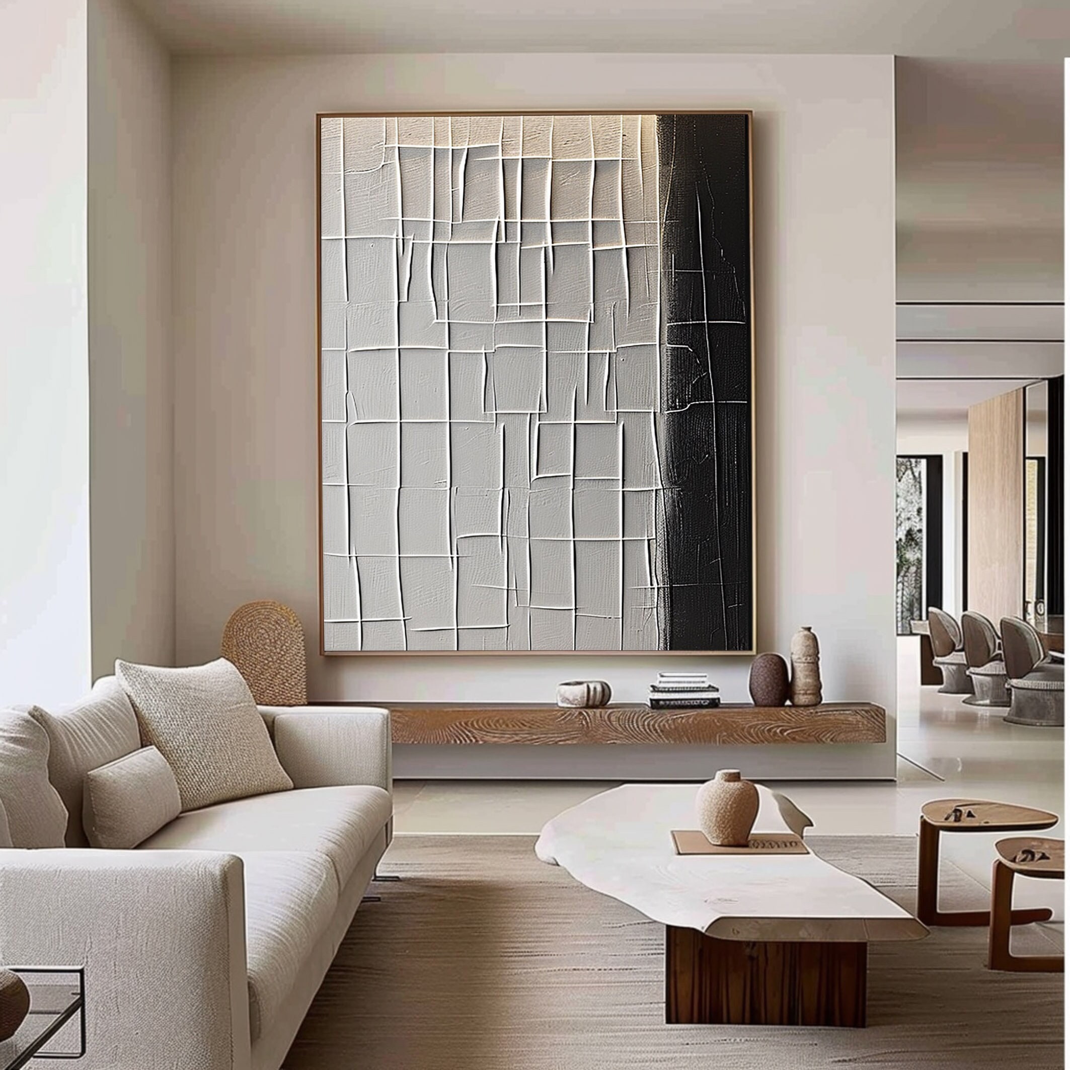 Large Framed Black and White Minimalist 3D Textured Art - Modern Design