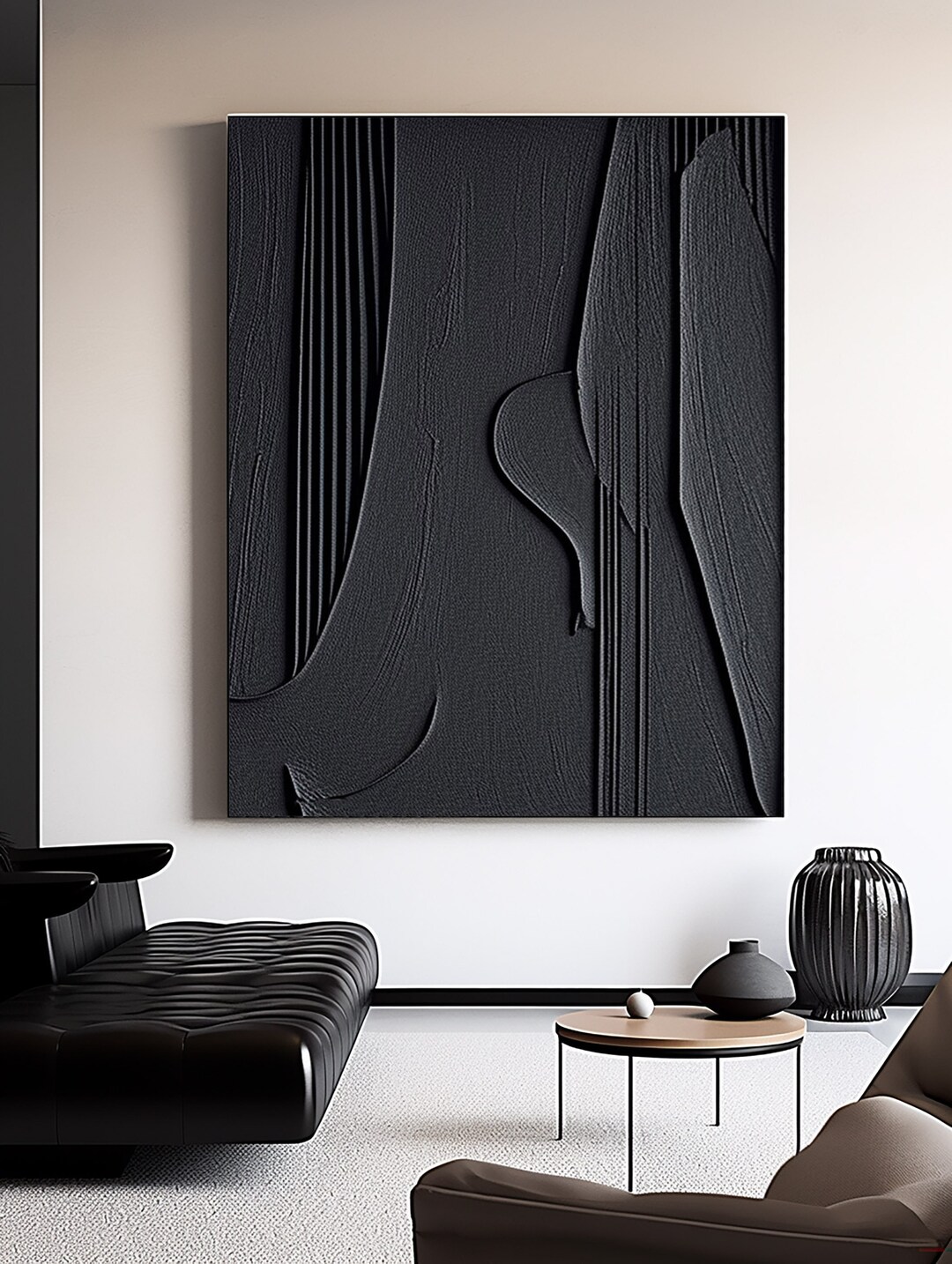 Black Minimalist Textured Wall Art , Black 3D Painting , Modern ...