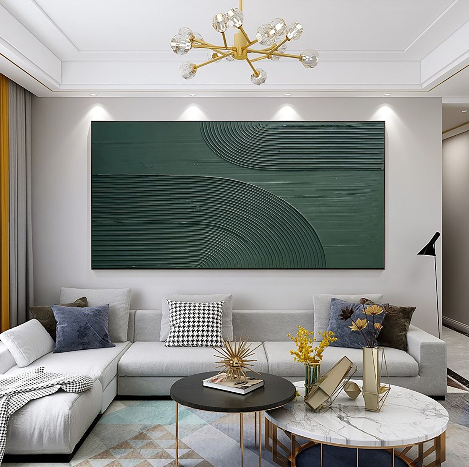 Green Abstract Wall Art Transforms Living Room with Eco-Chic Design