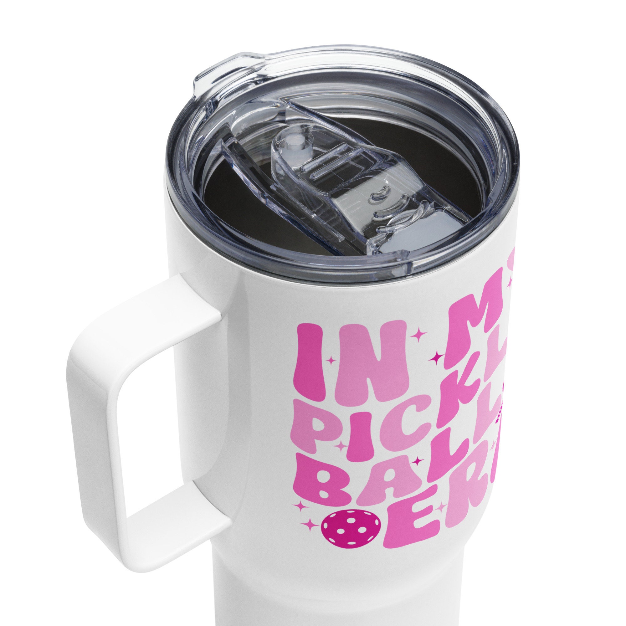 In My Pickleball Era 25oz Travel Mug for Pickleball Lovers with Handle, Stainless Steel and BPA-Free Plastic, Ideal for Sports Events