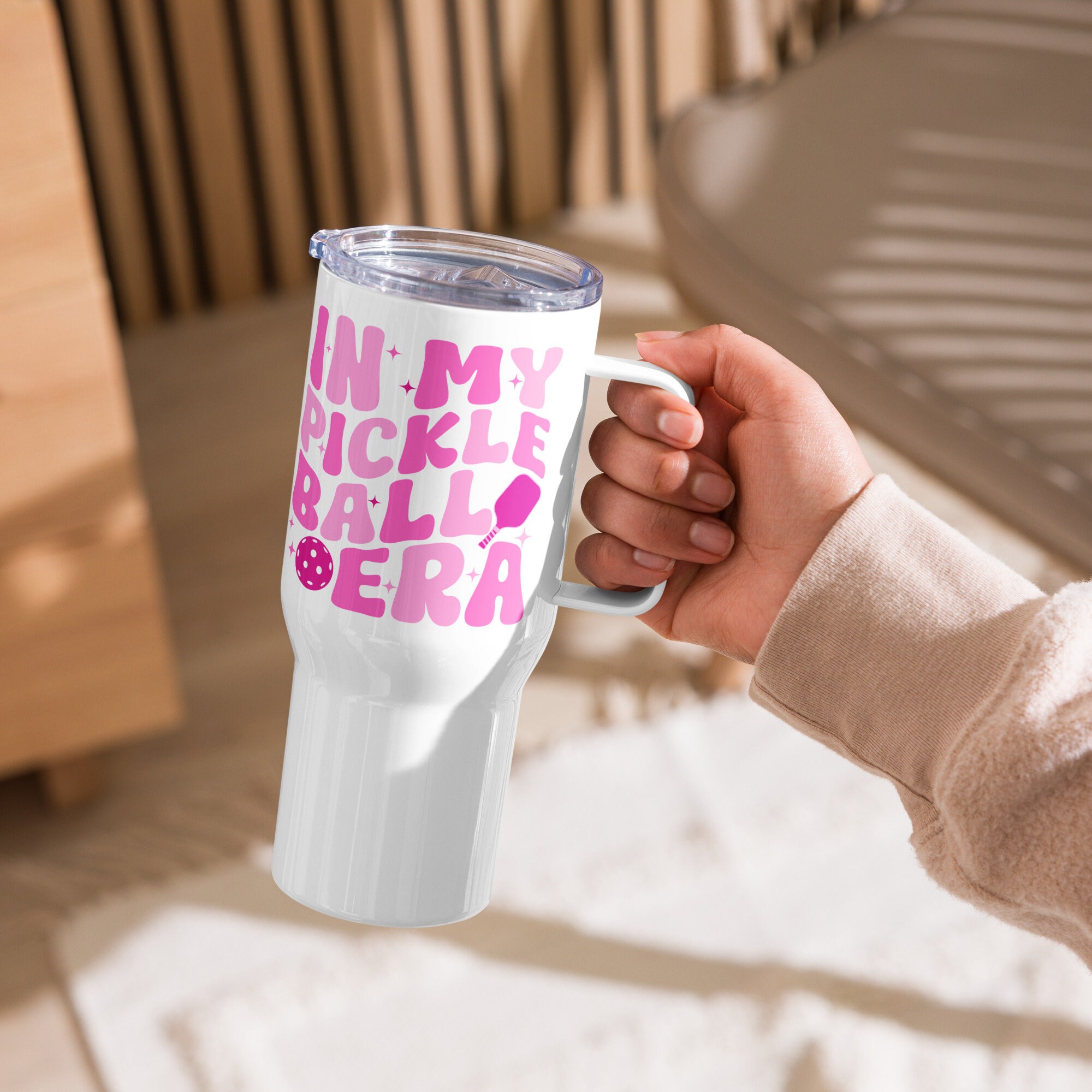 In My Pickleball Era 25oz Travel Mug for Pickleball Lovers with Handle, Stainless Steel and BPA-Free Plastic, Ideal for Sports Events