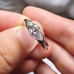 Unisex Solitaire Engagement Ring, East West Marquise Cut Moissanite Ring, Flush Set Unique Wedding Ring, 10K Gold Modern Men&#39;s Diamond Ring