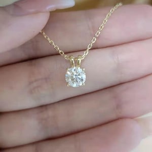 1.00 CT Round Moissanite Solitaire Pendant Necklace, 14k Gold Moissanite Pendant, 4 prong Basket Set Pendant, Anniversary Gift for Women