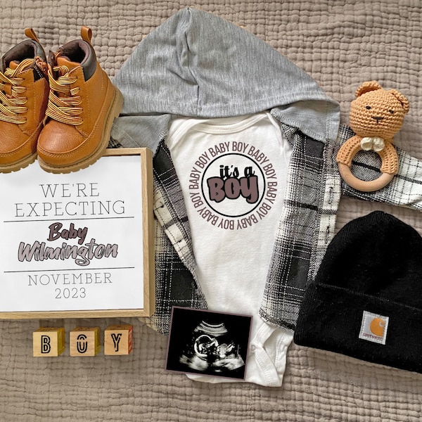 Expecting Baby Boy Digital Pregnancy Announcement, It's A Boy, Flannel And Boots Pregnancy Reveal, Baby Boy Announcement, Editable Template