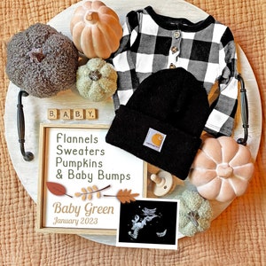 Fall Baby Bump Pregnancy Announcement, Flannels Sweaters Pumpkins & Baby Bumps, Gender Neutral Baby Reveal, Editable Digital Template