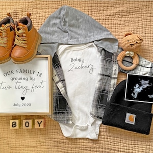 Growing By Two Little Feet Pregnancy Announcement, Baby Boy Digital Announcement, Editable Template Baby Reveal, Baby Boots and Carhartt Hat
