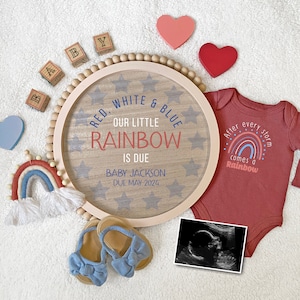 4th Of July Digital Pregnancy Announcement, Rainbow Baby Announcement, Red White & Blue Baby Is Due, It&#39;s A Girl, Girl Pregnancy Reveal