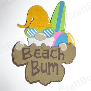 Pieza de papel Beach Bum Summer Gnome, troquelada para álbumes de recortes, diseños de página, tablones de anuncios, tarjetas de felicitación, adornos, etc.