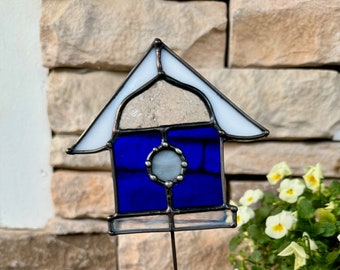 Blue Stained Glass Bird House Plant Stake - Handmade Indoor Decor