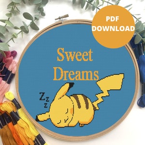 Pikachu Sweet Dreams Modern Cross Stitch Design - Cartoon cross stitch, nursery cross stitch, kawaii cross stitch, pet, junimaedesign
