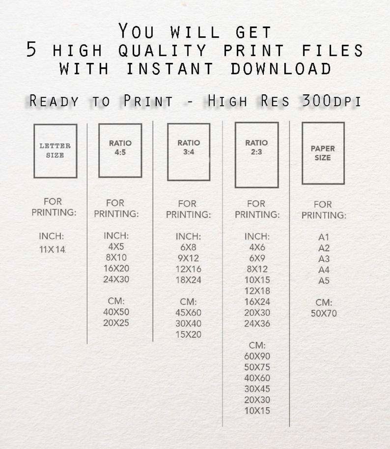 May include: A chart showing different print sizes and paper sizes for printable digital downloads. The chart includes measurements in inches and centimeters. The text on the chart reads "You will get 5 high quality print files with instant download. Ready to print - High Res 300dpi."