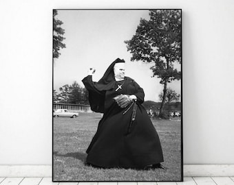 Vintage photo printable baseball nun, Vintage Photo fun nun, Black and White Photo