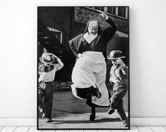 Vintage photo printable dancing nun, Vintage Photo fun nun, Black and White Photo