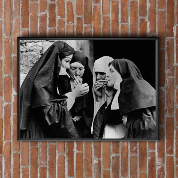 Vintage photo printable nuns smoking, Vintage Photo Print smoking nun, Black and White Photo