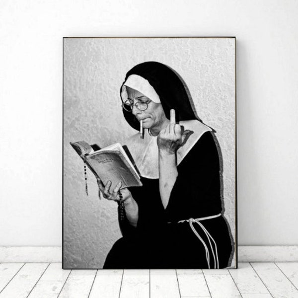 Smoking nuns middle finger Vintage photo printable, Vintage Photo Print, Black and White Photo