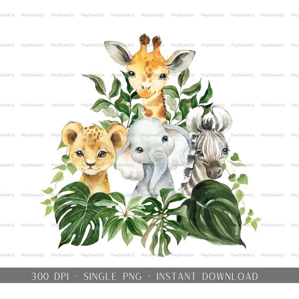 Safari Baby Animals, Watercolour Kids Animals Sublimation PNG, Safari Clip Art, Zoo Birthday Décor, Wild One Cake Topper Digital Download