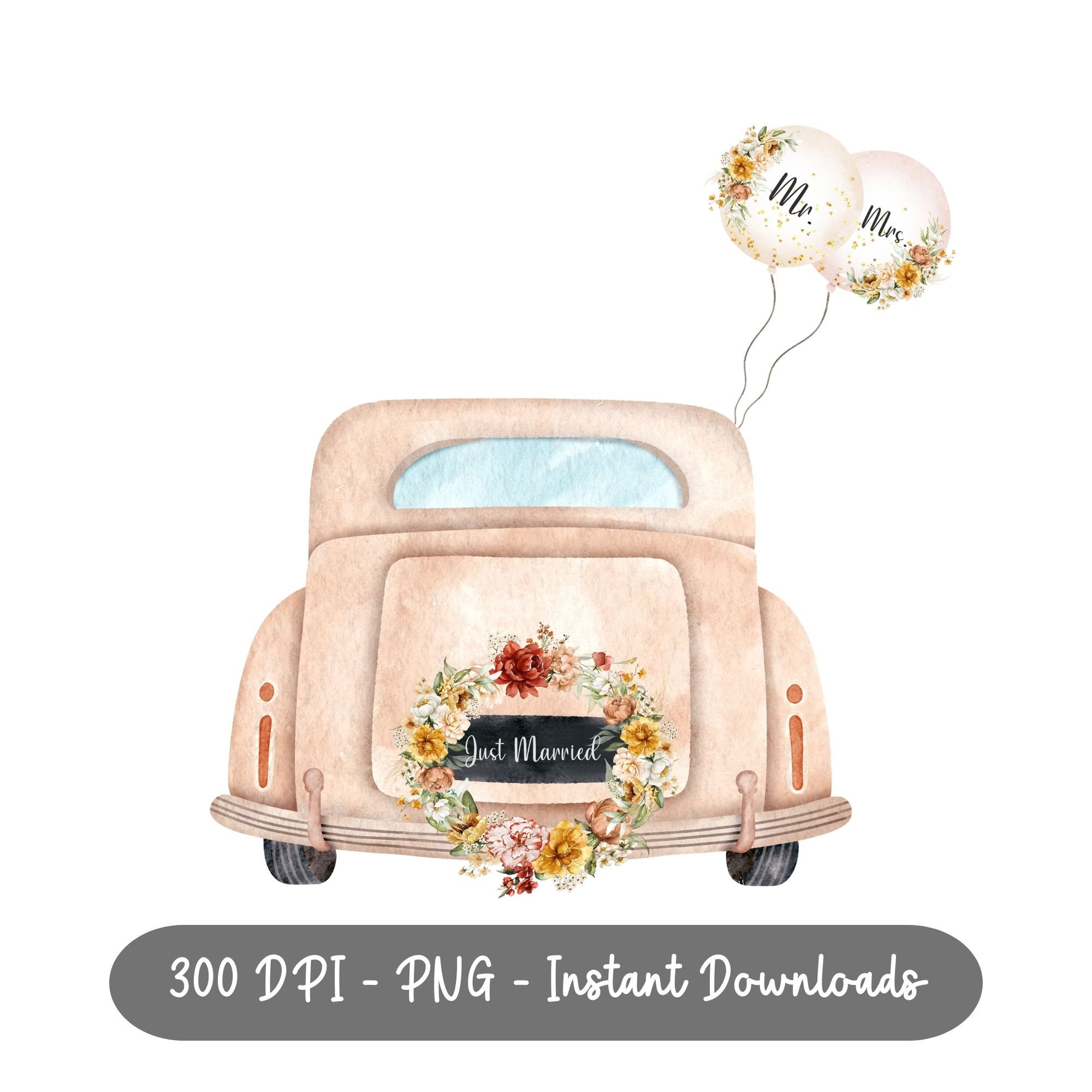 Just Married PNG, Just Married Car Prints, Mr & Mrs Watercolour Clipart,  Wedding Sublimation Designs, Congratulations Card Design, Download 