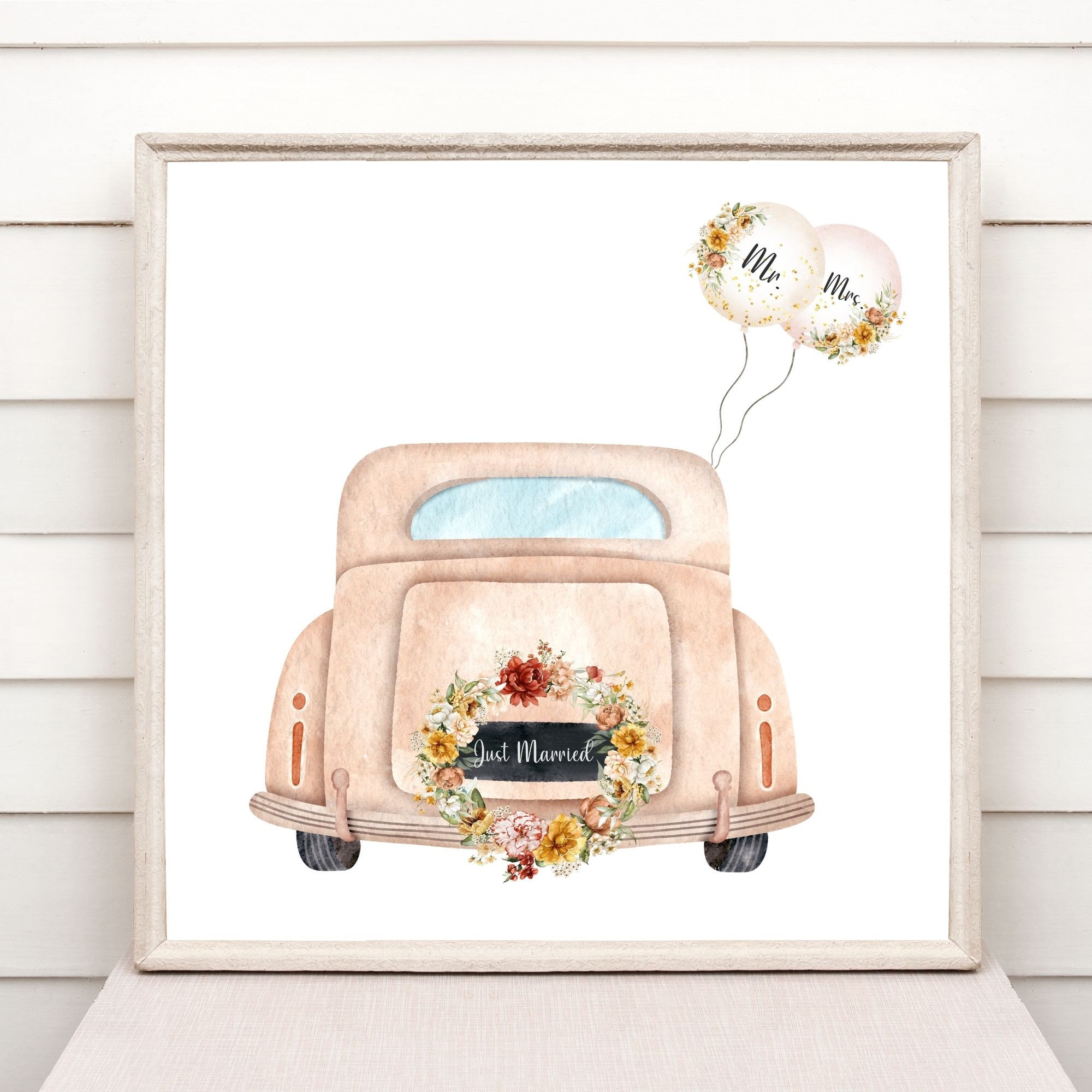 Just Married PNG, Just Married Car Prints, Mr & Mrs Watercolour Clipart, Wedding  Sublimation Designs, Congratulations Card Design, Download 