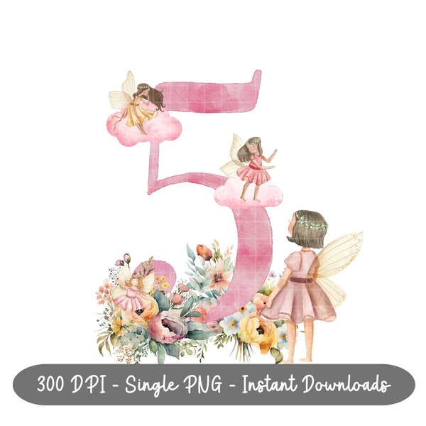 Cute Pink Fairy Wildflower Five PNG, Fairies Sublimation Design, Fairy Birthday Party Décor, Whimsical Fairy Party, Instant Digital Download