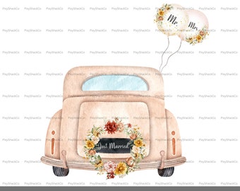 Frisch verheiratet PNG, Just Married Car Prints, Mr & Mrs Aquarell Clipart, Hochzeit Sublimationsdesign, Glückwunschkartendesign, Download