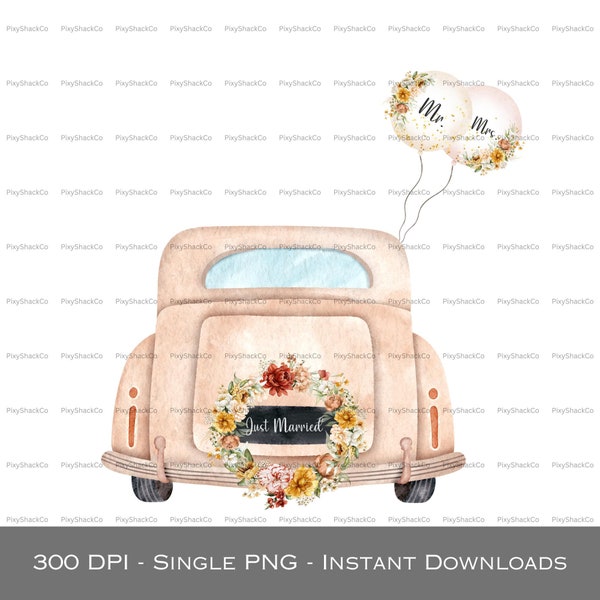 Frisch verheiratet PNG, Just Married Car Prints, Mr & Mrs Aquarell Clipart, Hochzeit Sublimationsdesign, Glückwunschkartendesign, Download