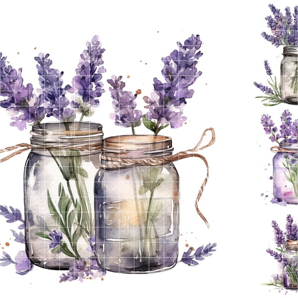 Lavender Floral Mason Jar Clipart PNG, Watercolor Glass Vase Bouquet Sublimation, Crafting Files, Countryside Sublimation Digital Download