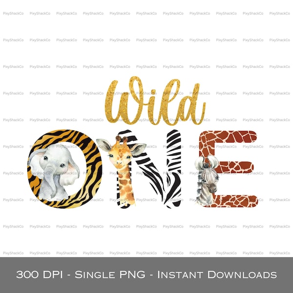 Wild One Baby Safari Animals PNG, Acuarela Bebé Animales, Diseño de Sublimación de Camisa, Diseño de Tarjeta de Cumpleaños, Descarga Digital Instantánea