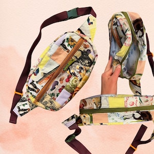 May include: A colorful patchwork fabric fanny pack with a zipper closure. The pack features a variety of animal and nature-themed prints, including birds, fish, and flowers. The pack is worn as a belt bag and has a long adjustable strap.